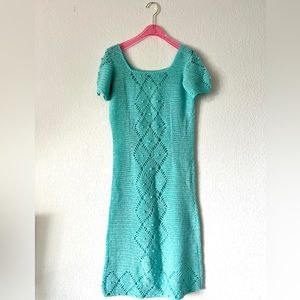 Handmade Hand Crochet Turquoise Blue Knit Dress Size Medium